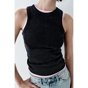 Zara Distressed Washed Effect Ribbed Black Tank Top - Size S